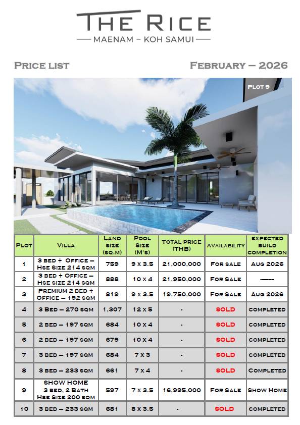 rice gardens villas for sale, koh samui