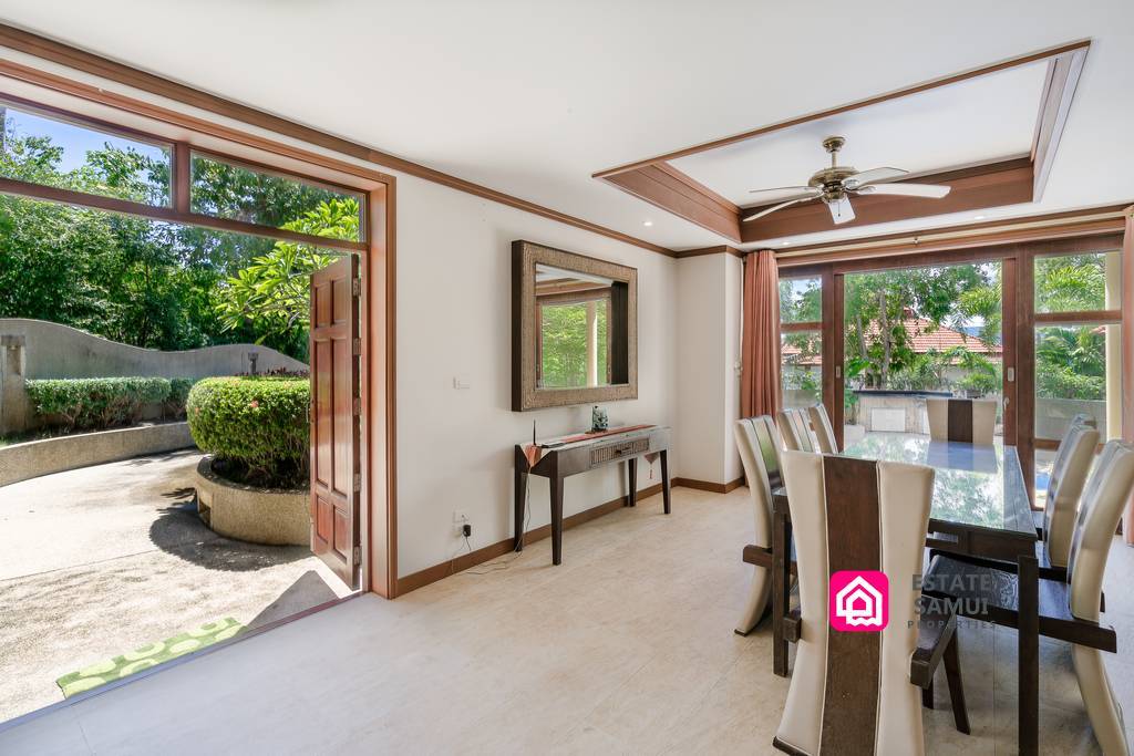 dining area with garden and pool views