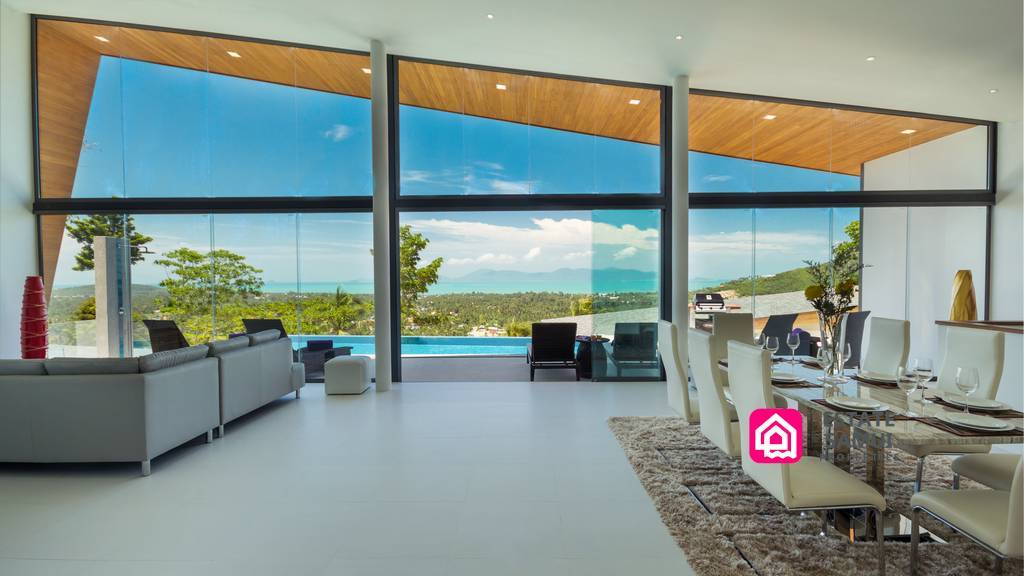 living room pool and sea views