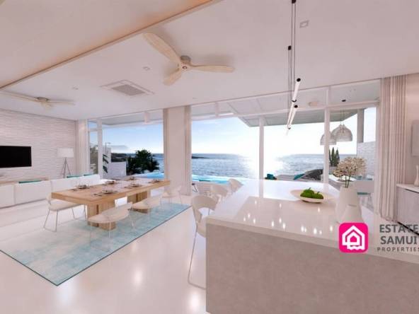 interior living area opening to pool and sea views