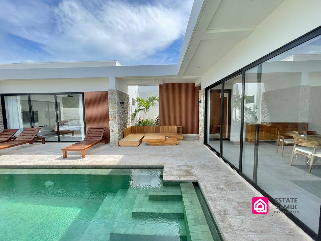 Pool steps and terrace at the Bangrak villa with private pool