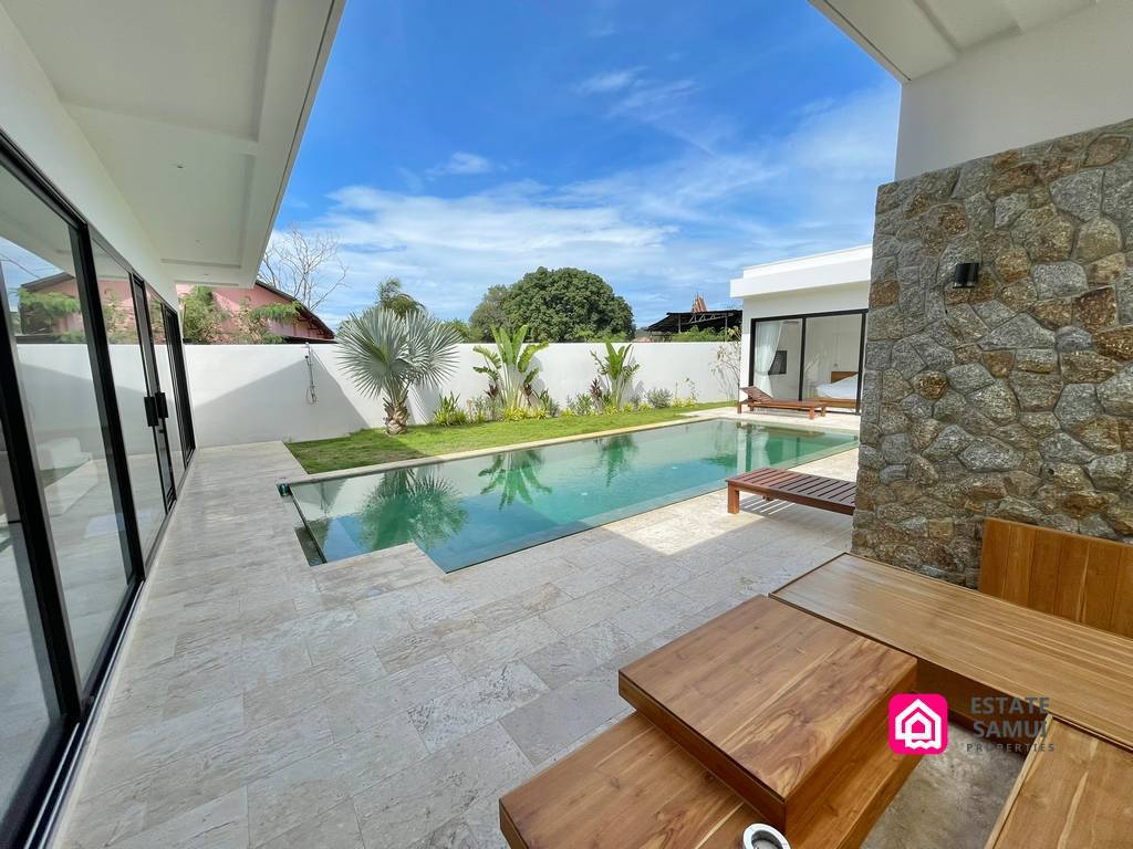 Stone-clad terrace overlooking the swimming pool and garden