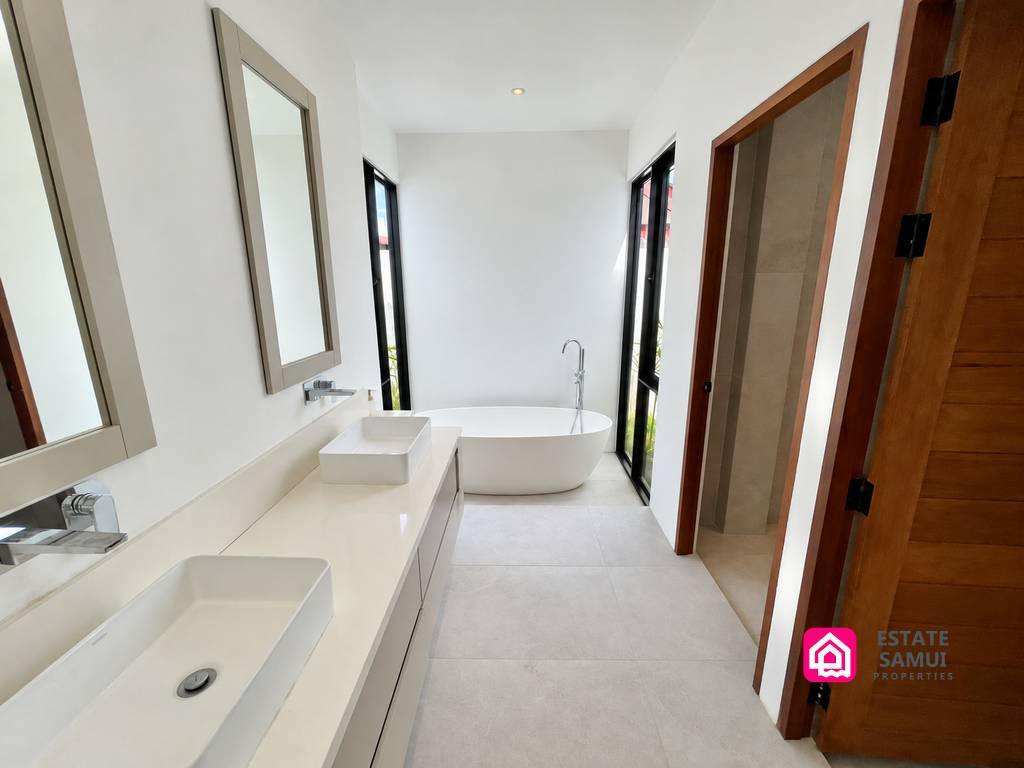 Double-basin vanity and freestanding bath in a bright bathroom
