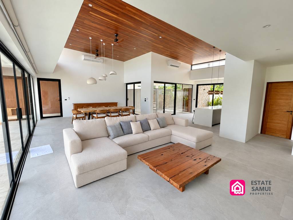 Corner sofa and wooden coffee table in the living room