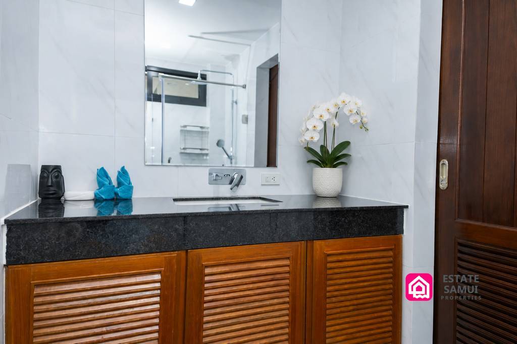 Bathroom vanity with wooden cabinetry and large wall mirror