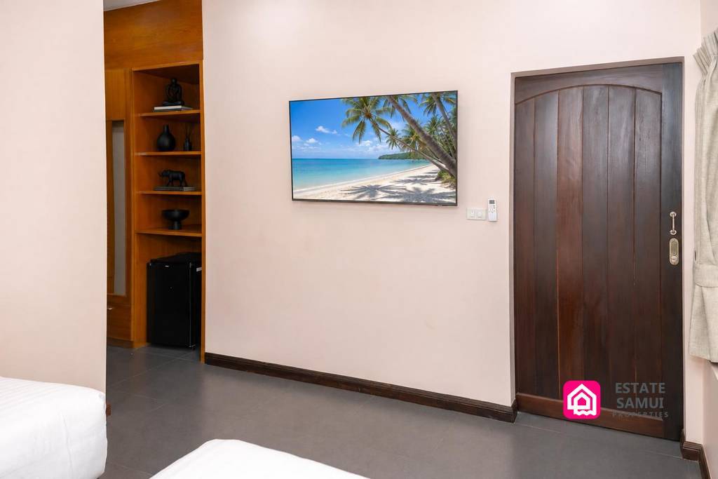 Bedroom interior with television, dark wood door and shelving
