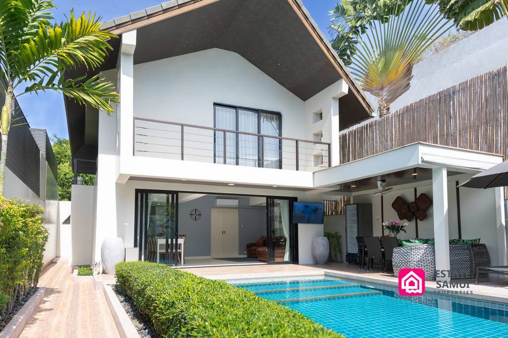 Beachside pool villa exterior with private swimming pool and terrace