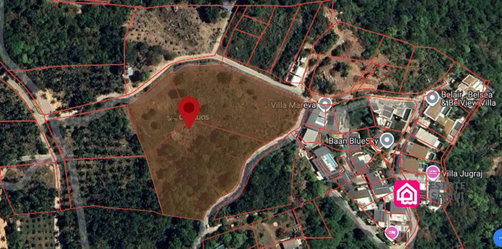 Satellite map showing highlighted Chaweng Noi land parcel and surrounding villas