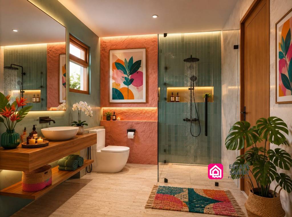 Colourful bathroom with walk-in rainfall shower and timber vanity