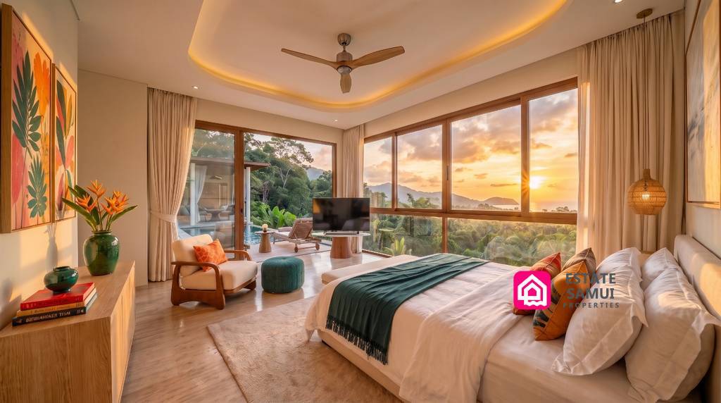 Sea-view bedroom with broad windows and access to the pool terrace