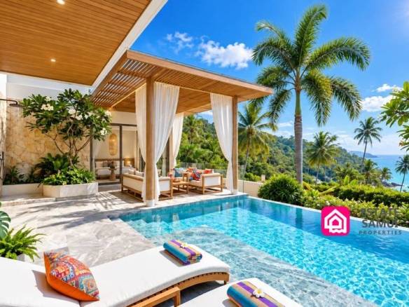 Private infinity pool and covered sala overlooking Lamai coastline