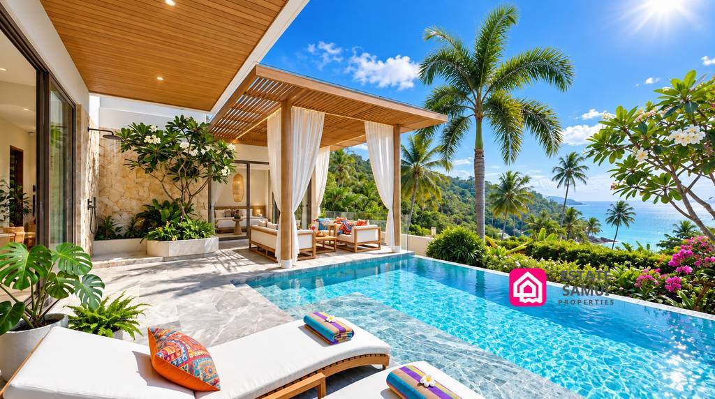 Private infinity pool and covered sala overlooking Lamai coastline