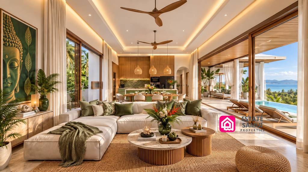 Contemporary lounge with sliding doors opening towards the sea-view pool