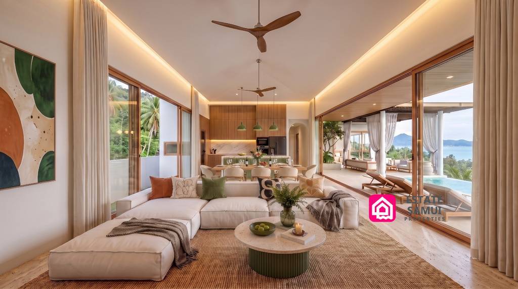 Open-plan villa lounge connecting to the pool terrace