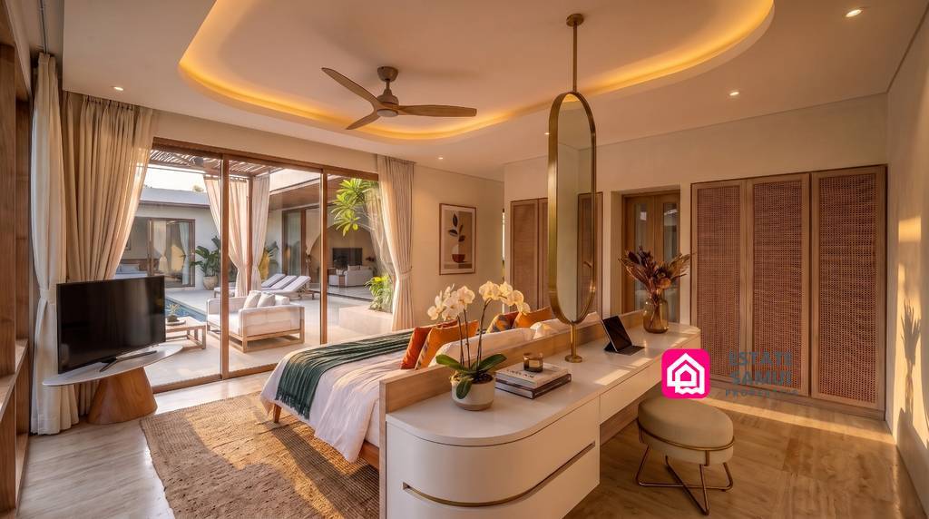 Contemporary bedroom opening directly onto the pool courtyard