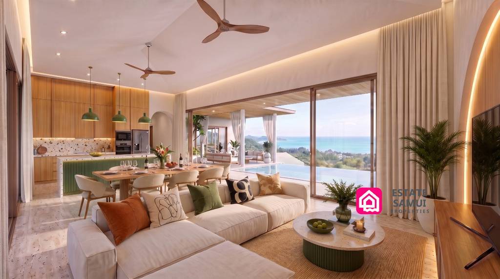 Contemporary living and dining area overlooking the infinity pool and sea