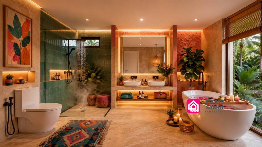 Spacious bathroom with freestanding bath, double vanity and garden views