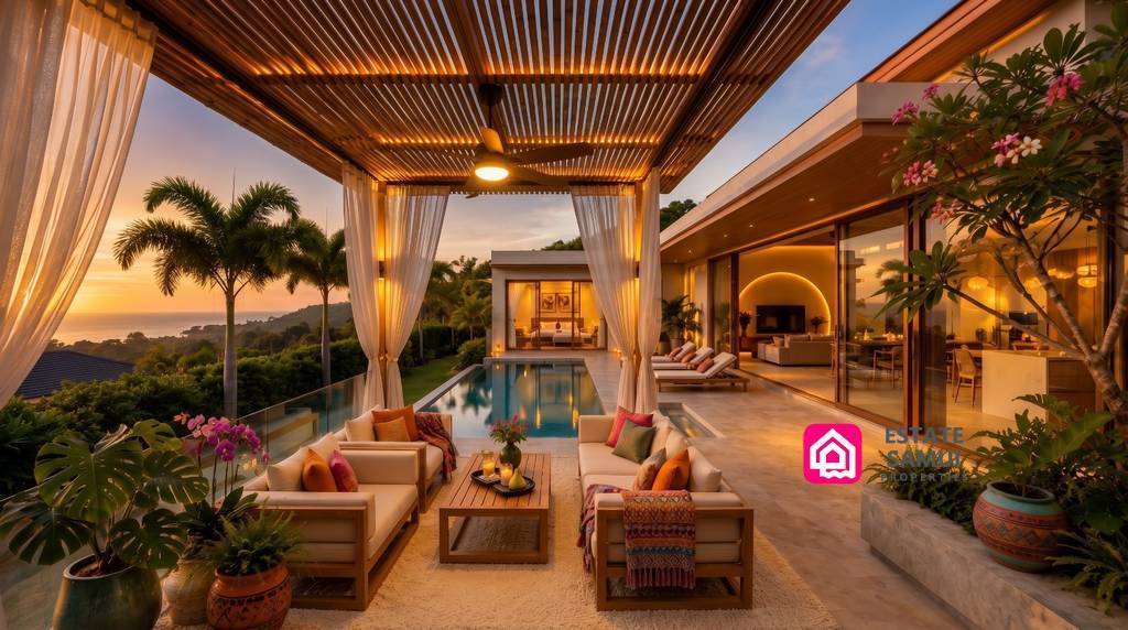 Covered outdoor lounge beside the illuminated pool at sunset