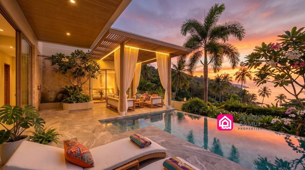 Infinity pool and covered terrace overlooking the tropical coastline