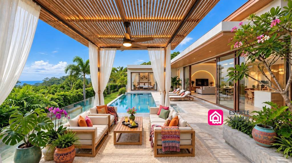 Covered poolside lounge overlooking tropical hills and the sea