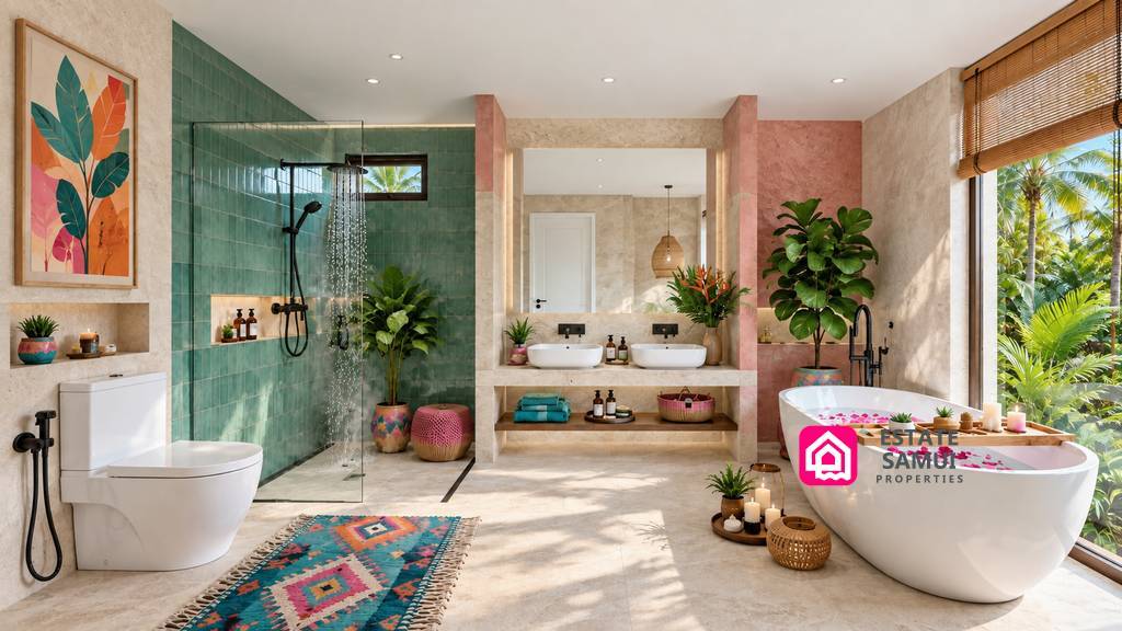 Spacious bathroom with walk-in shower, double vanity and freestanding bath