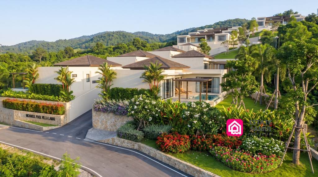 Landscaped entrance to modern tropical villas in the Lamai hills