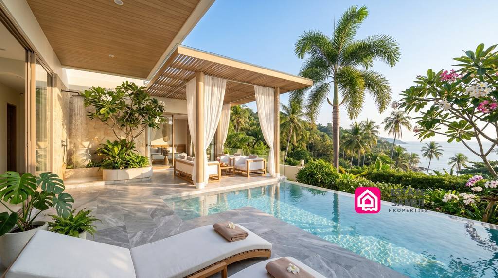 Private infinity pool and covered terrace with coastal views