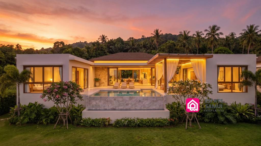 Front view of illuminated pool villa at sunset