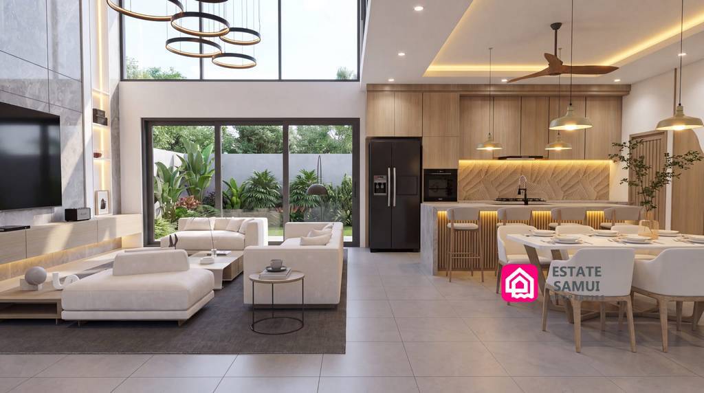 Open-plan lounge, dining area and Western kitchen facing tropical garden