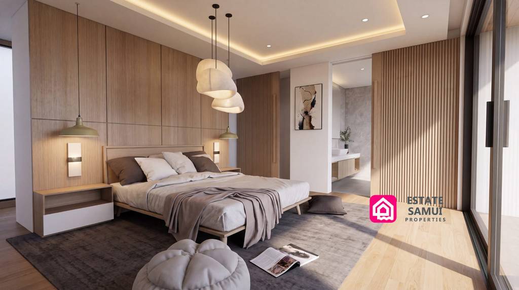 Contemporary bedroom with wood finishes, sliding windows and en-suite bathroom