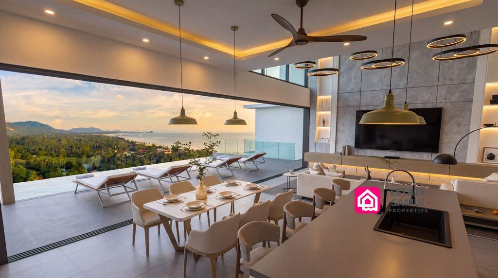 Modern kitchen and dining space overlooking pool terrace and coastline