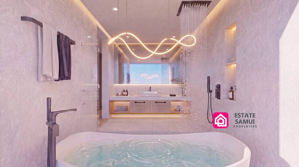 Luxury bathroom with jacuzzi bath, rainfall shower and double vanity