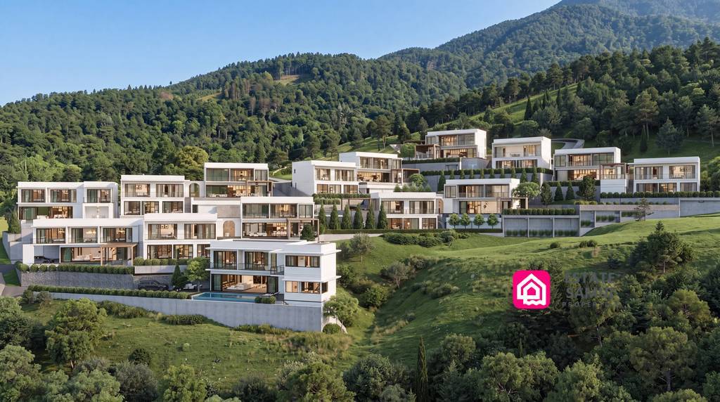Modern villas arranged across a green tropical hillside