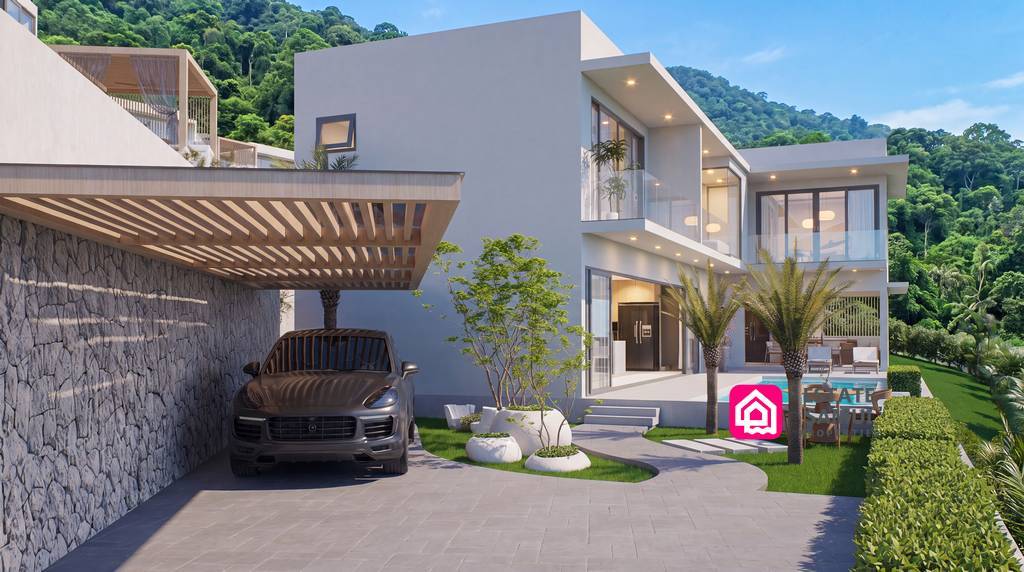 Covered private parking beside villa entrance and tropical landscaping