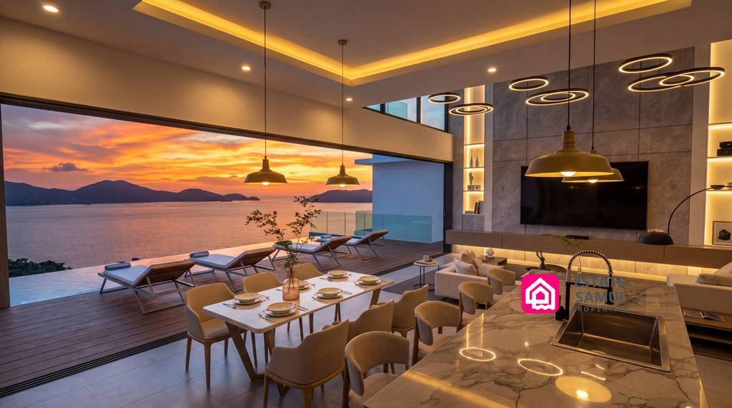 Open-plan kitchen and dining area overlooking sunset sea views