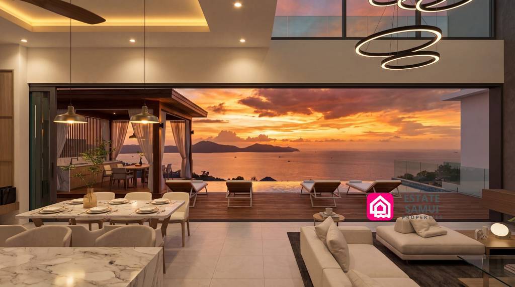 Double-height living area opening onto infinity pool and sunset view