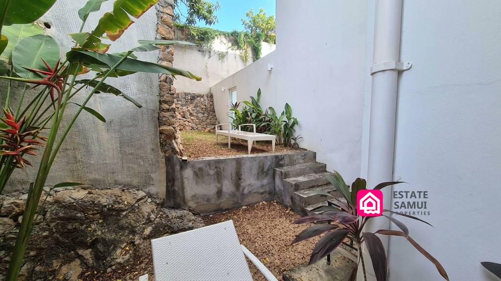 Private tiered garden with tropical planting and outdoor seating