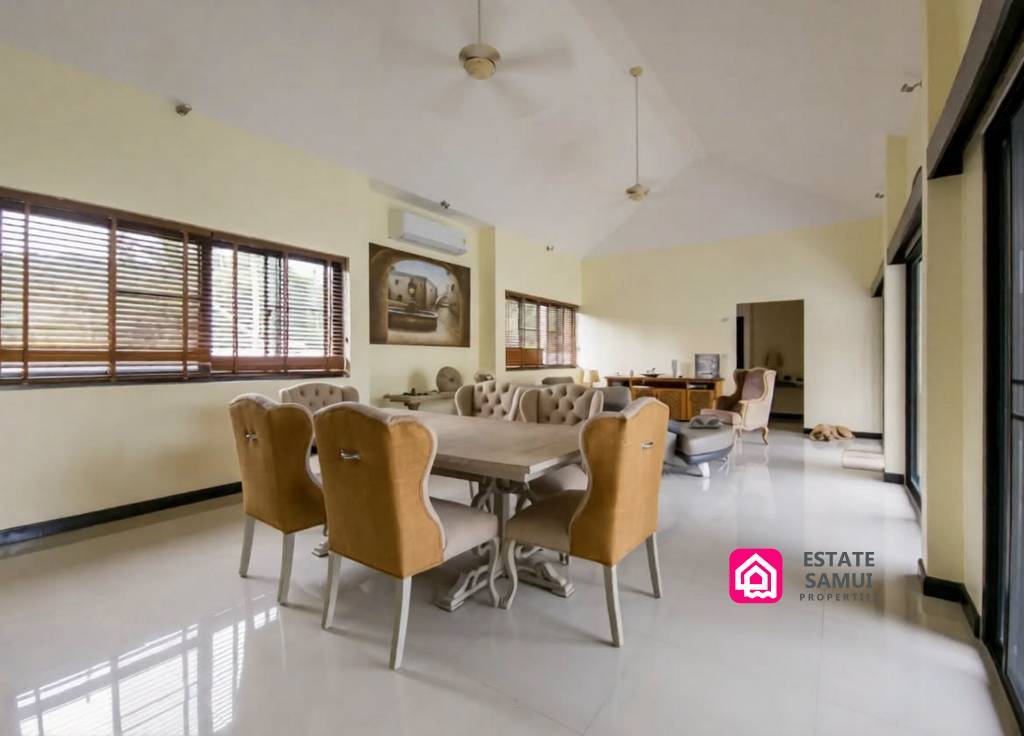 Spacious open-plan dining and lounge area with high ceiling