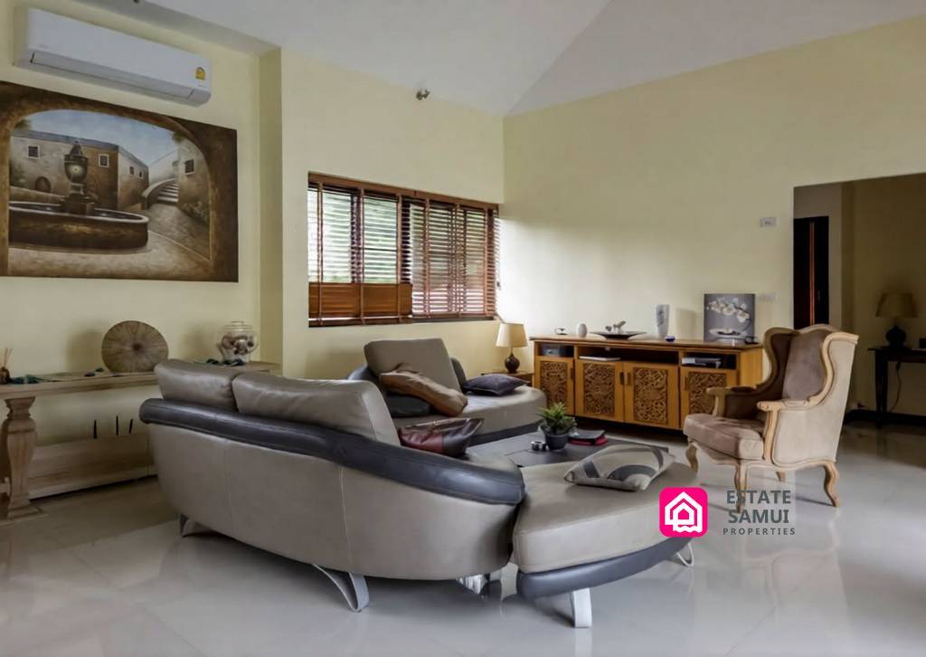 Spacious living room with sofas, armchair and carved wooden cabinet