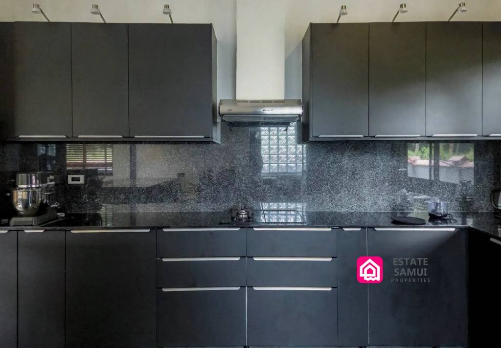 Black kitchen cabinetry with granite worktops and fitted hob