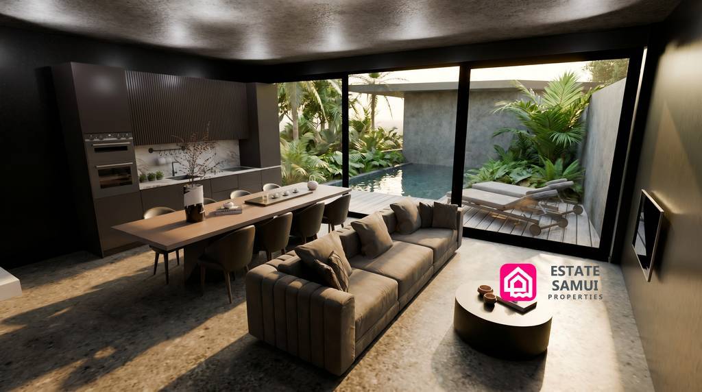 Open-plan living and dining area overlooking the private pool