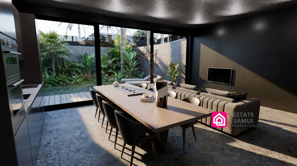 Contemporary dining space with garden and pool views