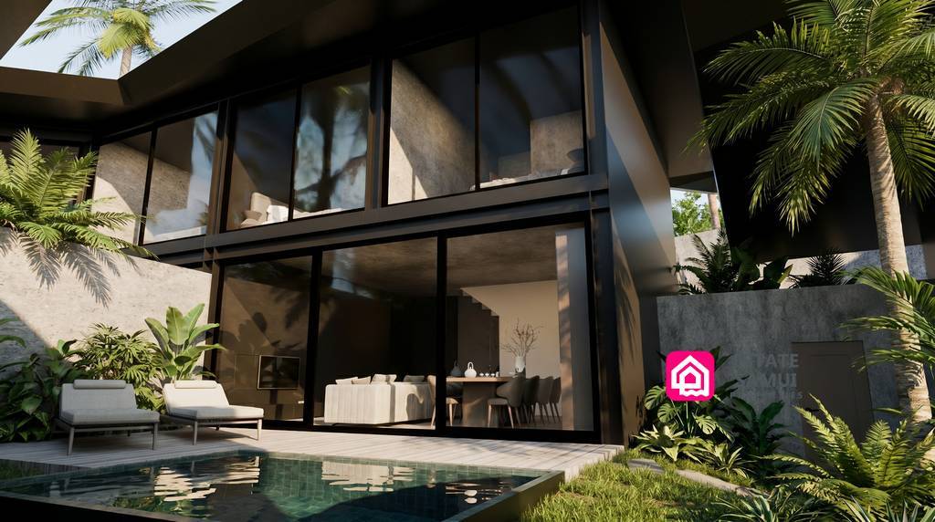 Loft style villa exterior with glass frontage and private pool