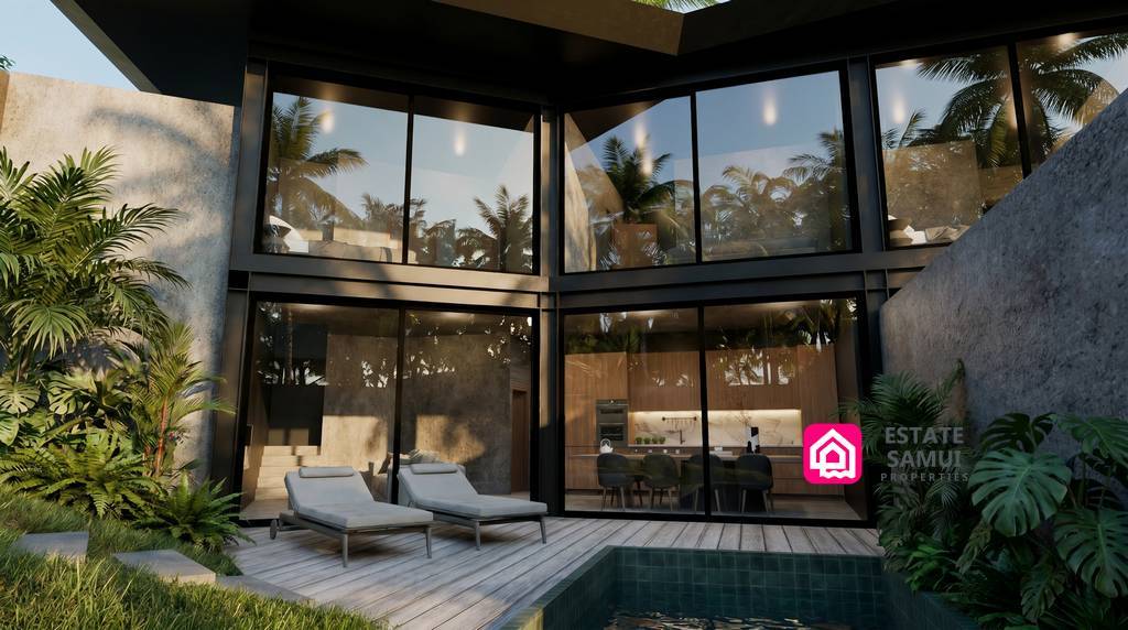 Unique Bophut villa with pool deck and tropical landscaping