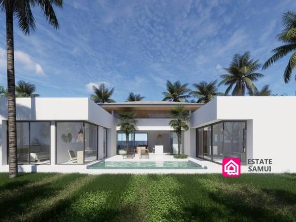 Contemporary single-storey villa exterior with central private pool