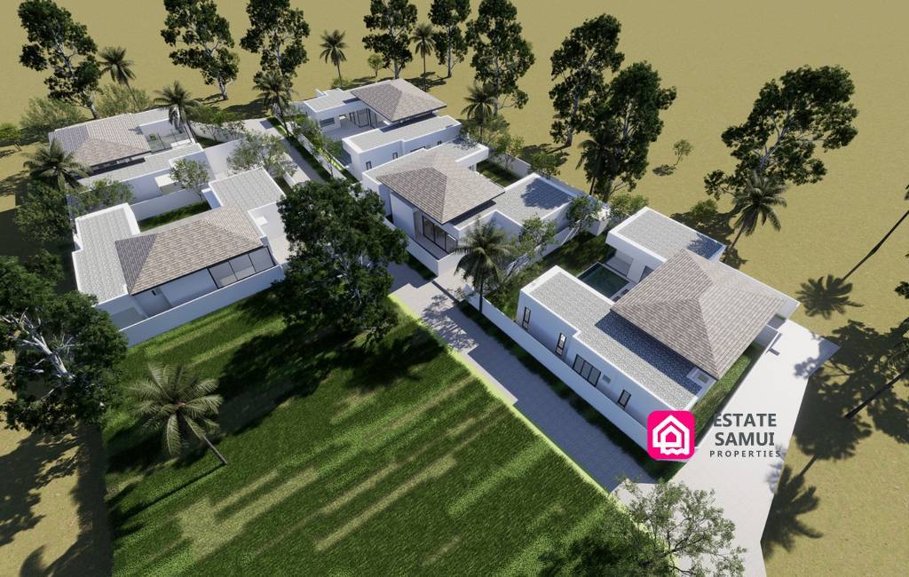 Aerial rendering of villas arranged among tropical greenery