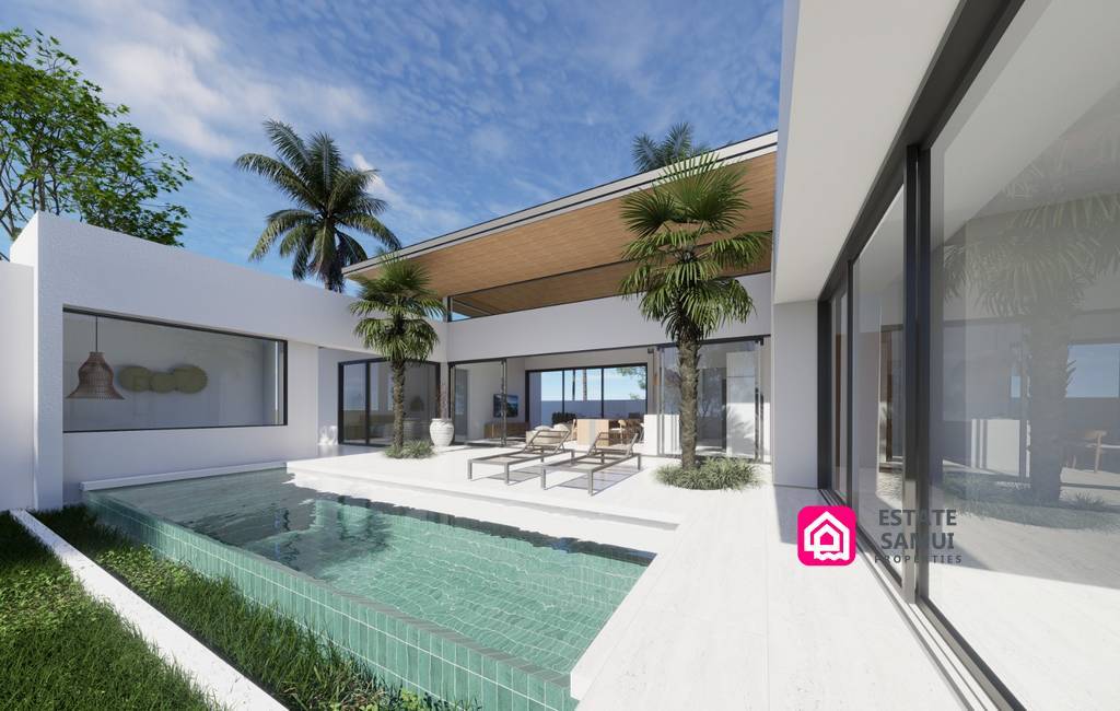 Courtyard swimming pool framed by villa wings and palms