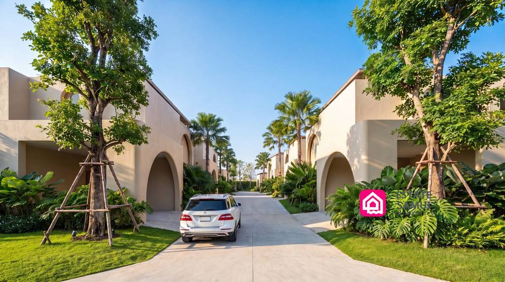 Tree-lined entrance road between modern tropical villas
