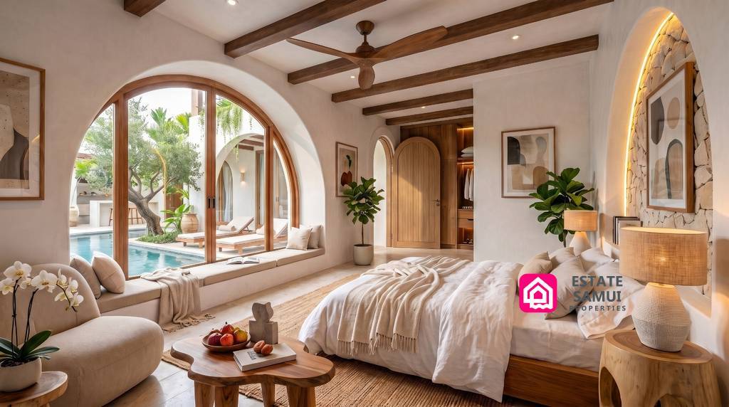 Pool-view bedroom with arched doorway and timber ceiling beams