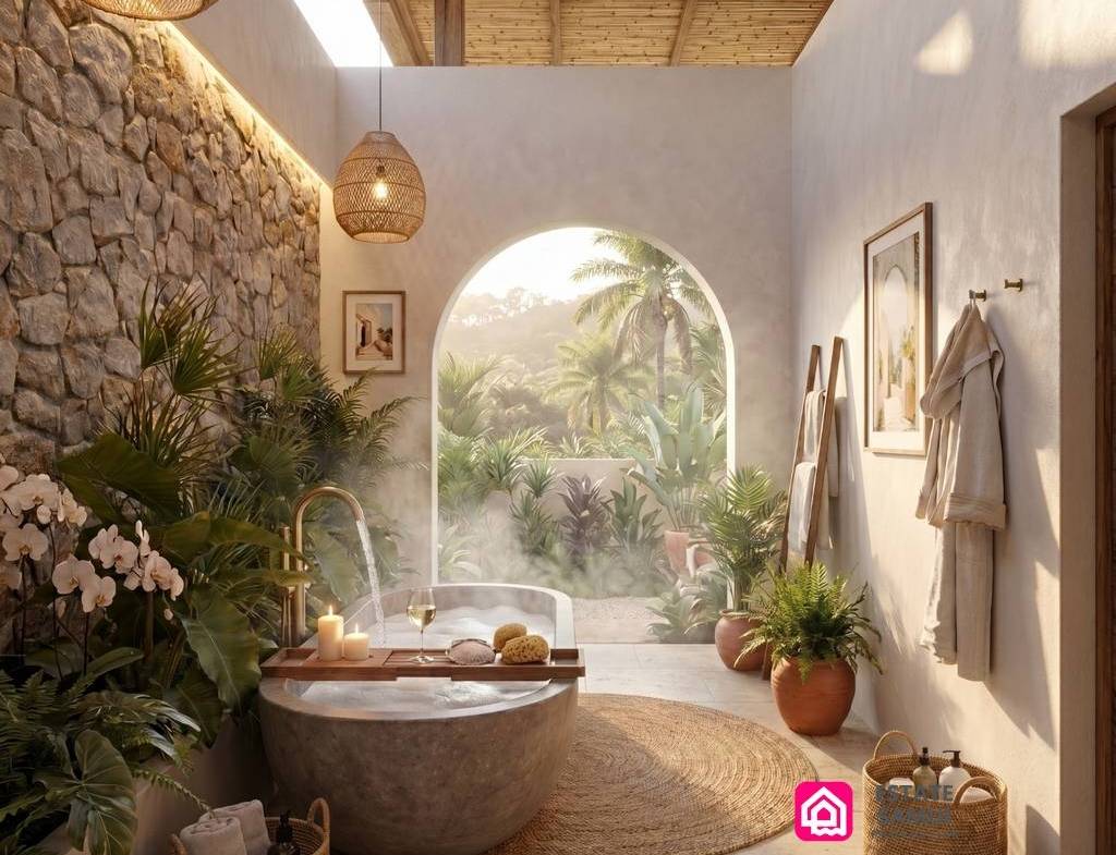 Contemporary bathroom with stone bathtub and arched garden window